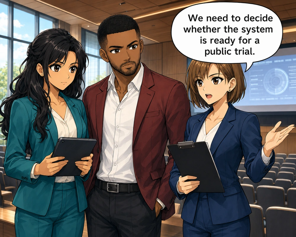 Three colleagues begin deciding whether a system is ready for a public trial.