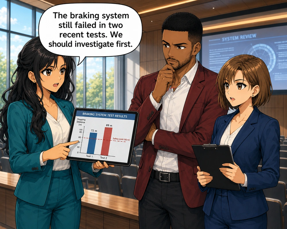 Leila presents evidence that the braking system failed in two recent tests and should be investigated first.