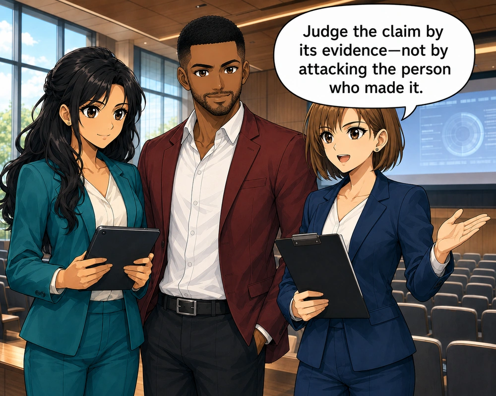 A colleague reminds the group to judge the claim by its evidence rather than attacking the person who made it.