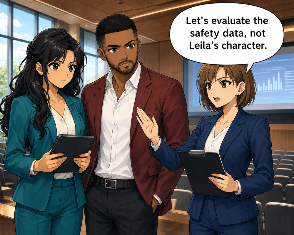The other colleague redirects the discussion toward the safety data rather than Leila's character.