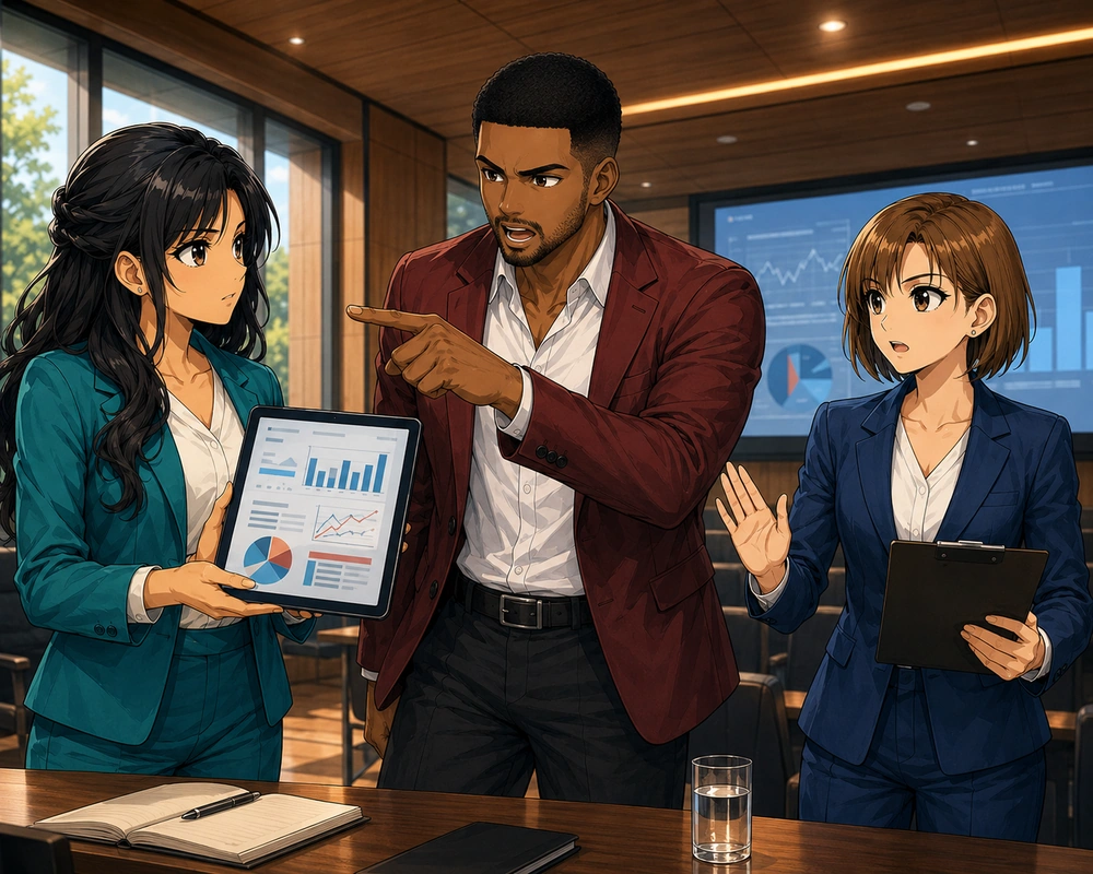 A manager points at a junior analyst while two colleagues hold tablets during a tense product-safety review.