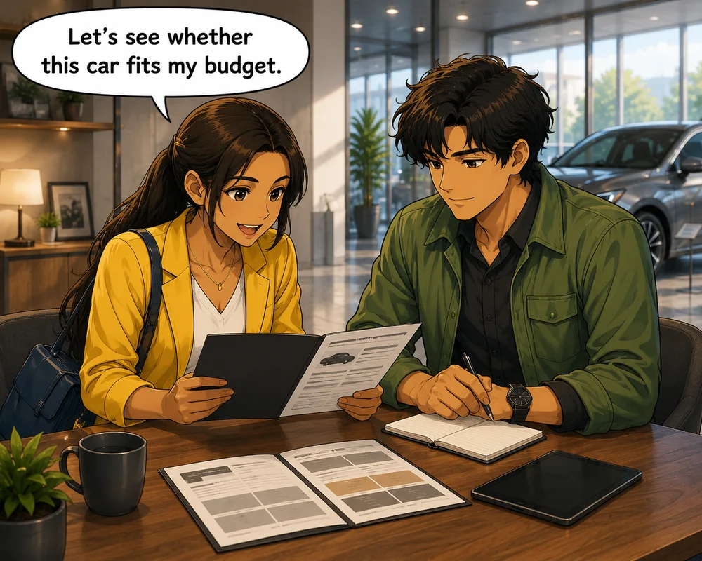 At a dealership table, a woman opens the car information and says, “Let’s see whether this car fits my budget.”