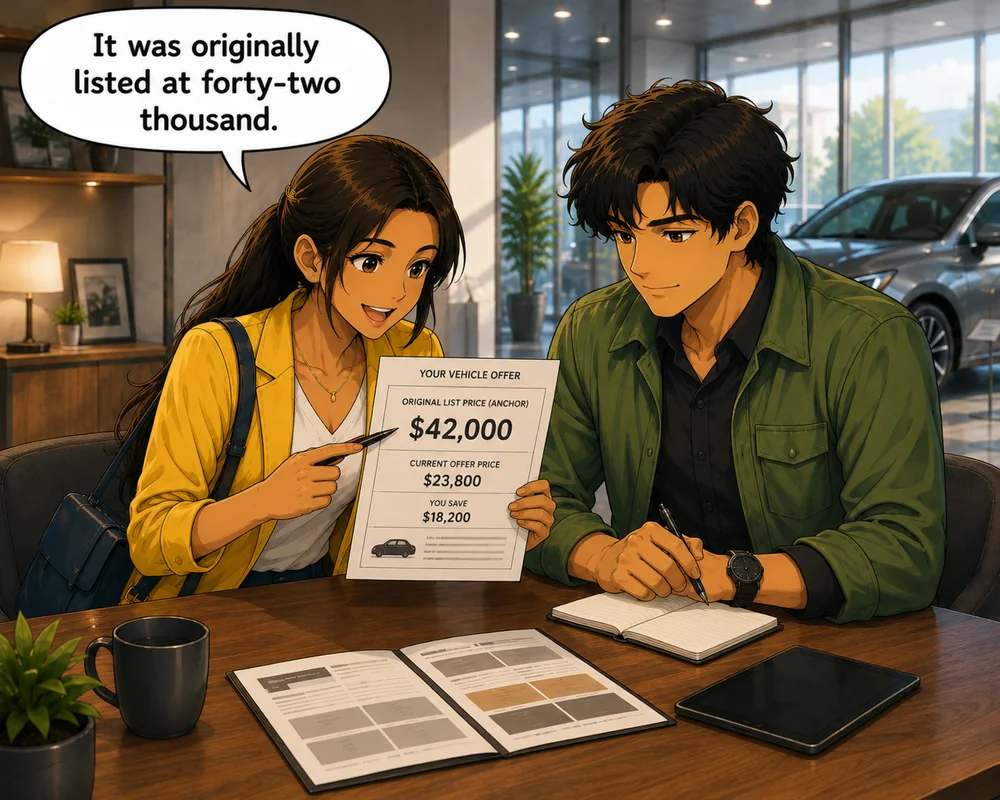 The woman points to an offer sheet and says, “It was originally listed at forty-two thousand.”