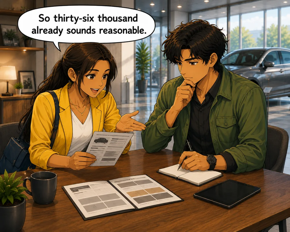 The woman proposes a price and says, “So thirty-six thousand already sounds reasonable.”