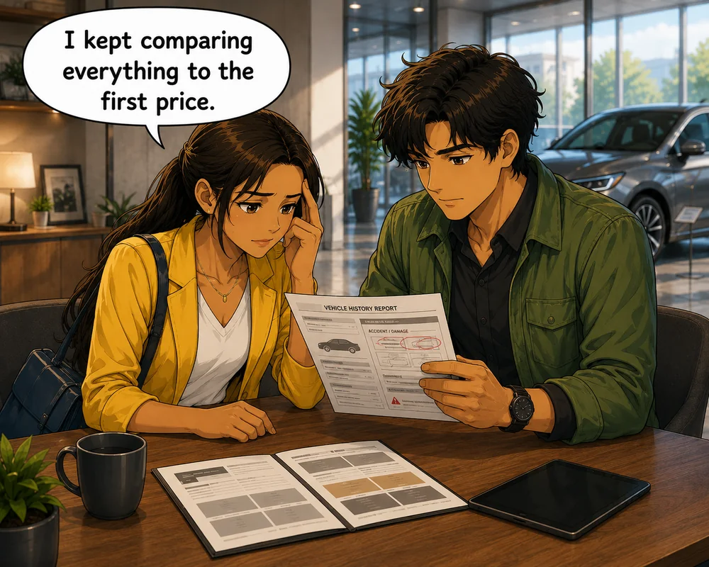 While the man reads the vehicle history report, the woman realizes, “I kept comparing everything to the first price.”