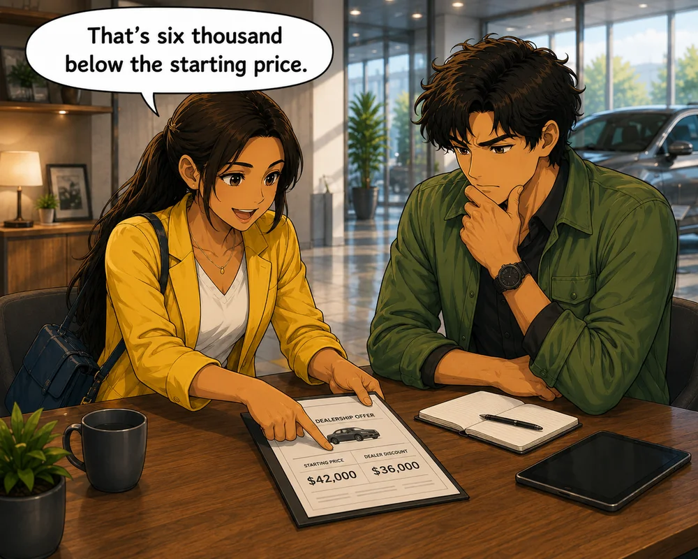 Pointing to the dealership offer, the woman says, “That’s six thousand below the starting price.”