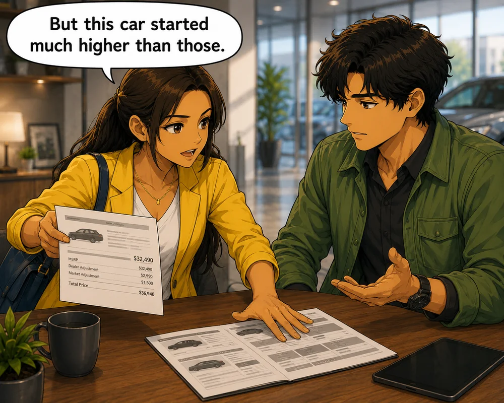 The woman compares listings and says, “But this car started much higher than those.”