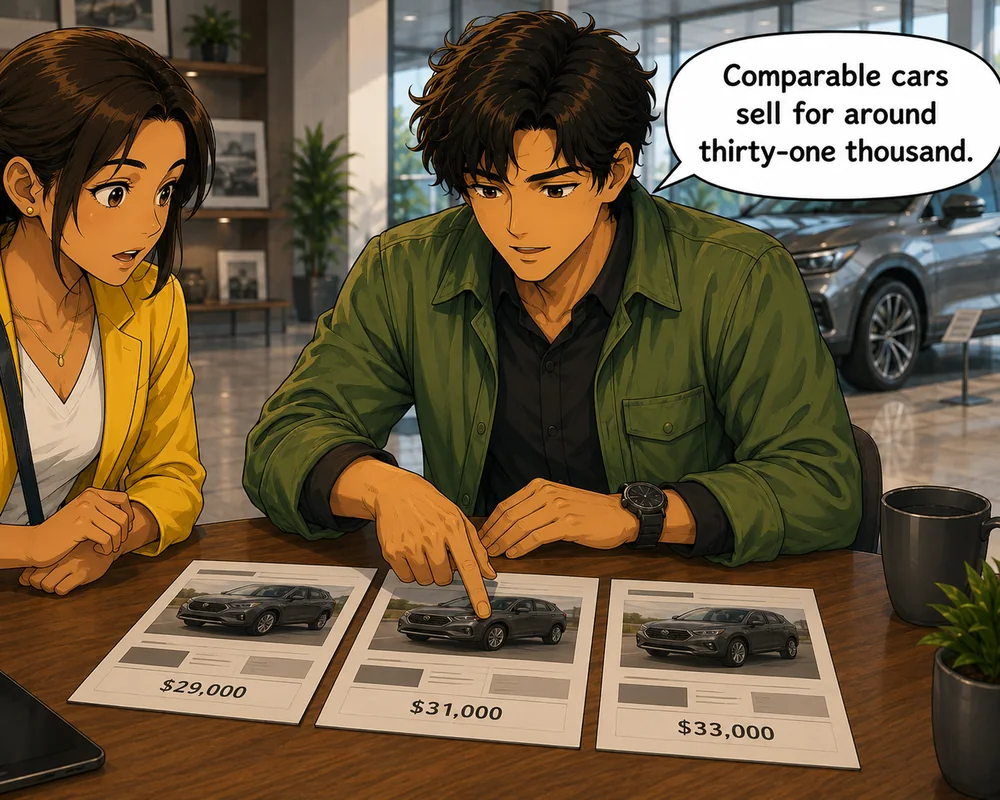 The man points to three independent listings and says, “Comparable cars sell for around thirty-one thousand.”