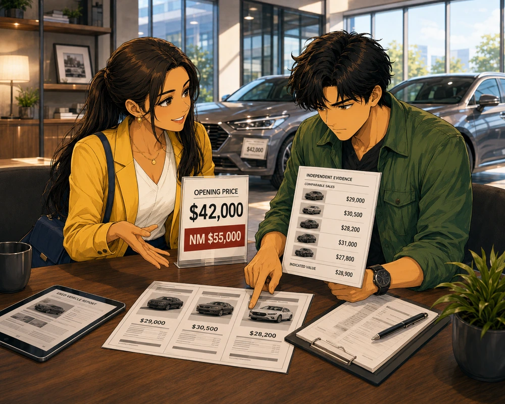 Manga scene illustrating The Sticker Price Makes a Used Car Look Like a Bargain.