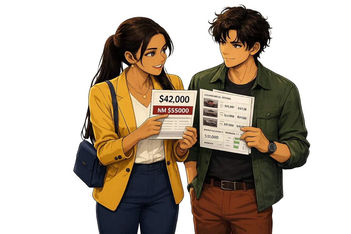 A woman and a man compare an initial car price with independent market evidence