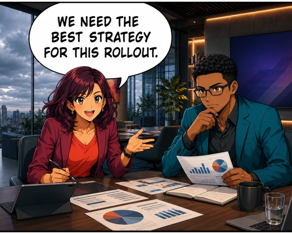 Two colleagues begin choosing the best strategy for a client rollout.