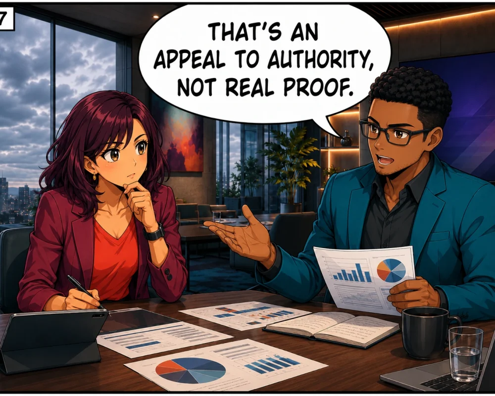 The man identifies the argument as an appeal to authority rather than proof.