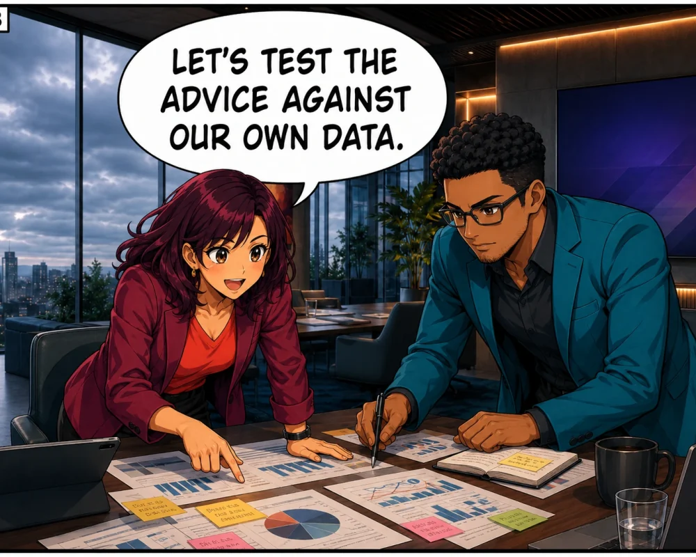 The colleagues agree to test the expert advice against their own data.