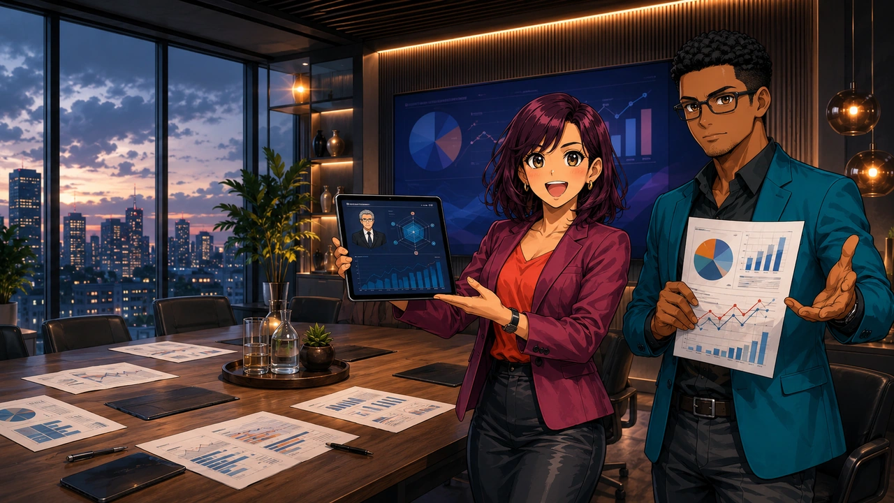 A woman presents a tablet with an expert profile while her colleague holds charts in a modern boardroom.