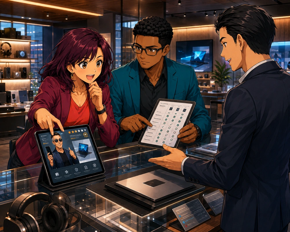Two shoppers compare a celebrity-endorsed electronics product with a feature checklist in a showroom.