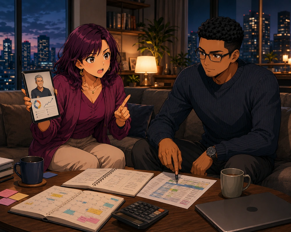 A couple discuss planning documents in an apartment living room while one partner shows a tablet with an advisor profile.