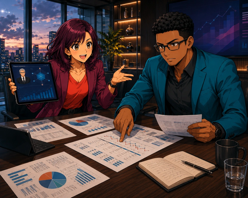 Two coworkers review printed charts in a conference room while one presents a tablet featuring an expert profile.