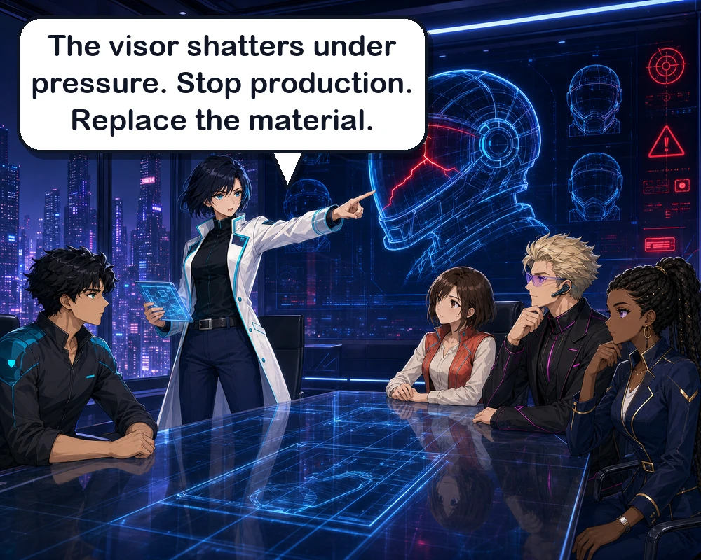 Engineer Mira warns the team that the new astronaut helmet visor shatters under extreme pressure.