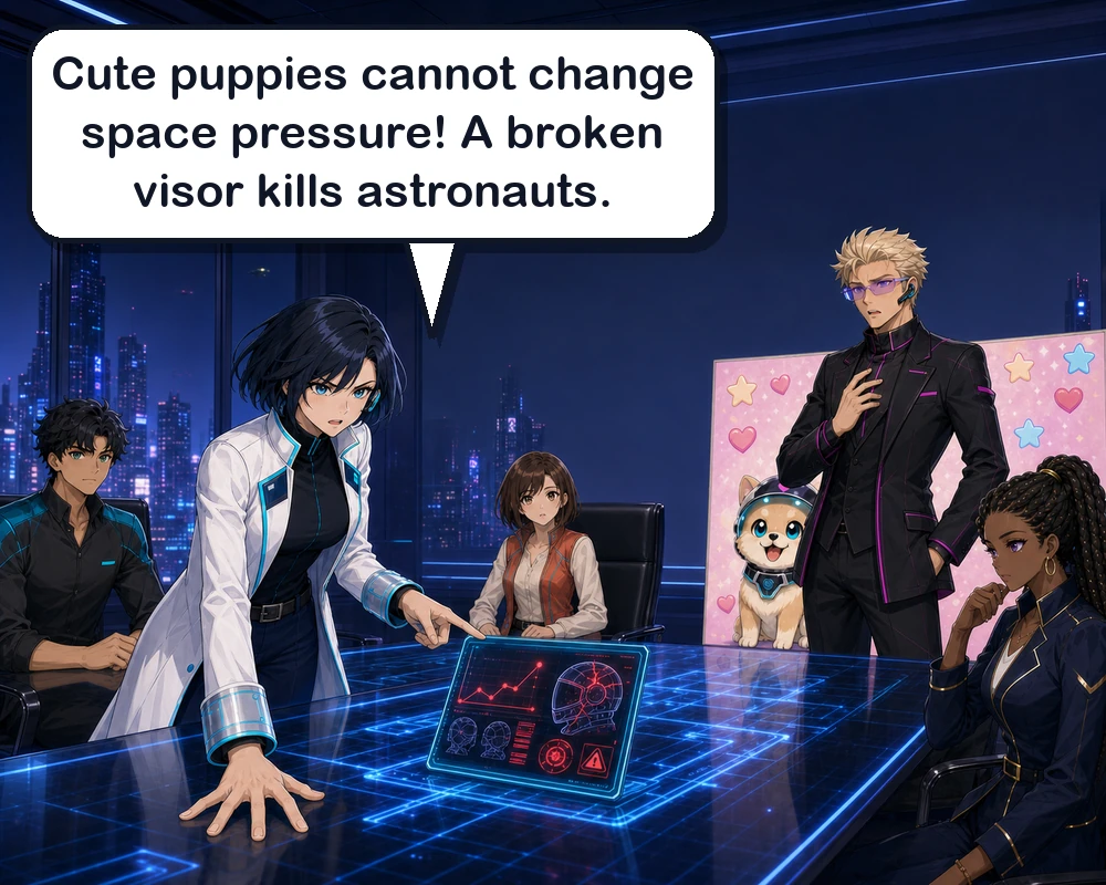 Mira points to the failed pressure data and explains that a cute puppy cannot change the physics of space.