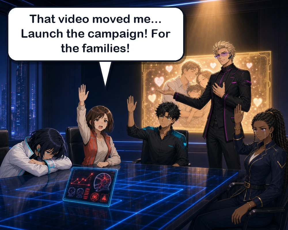 The designers vote to launch the campaign while Mira drops her head in frustration beside the ignored test data.