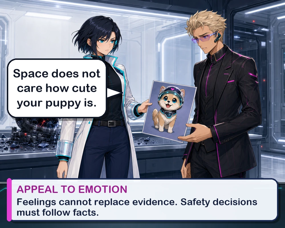 Mira takes away the puppy campaign board and explains that emotion cannot replace evidence in a safety decision.