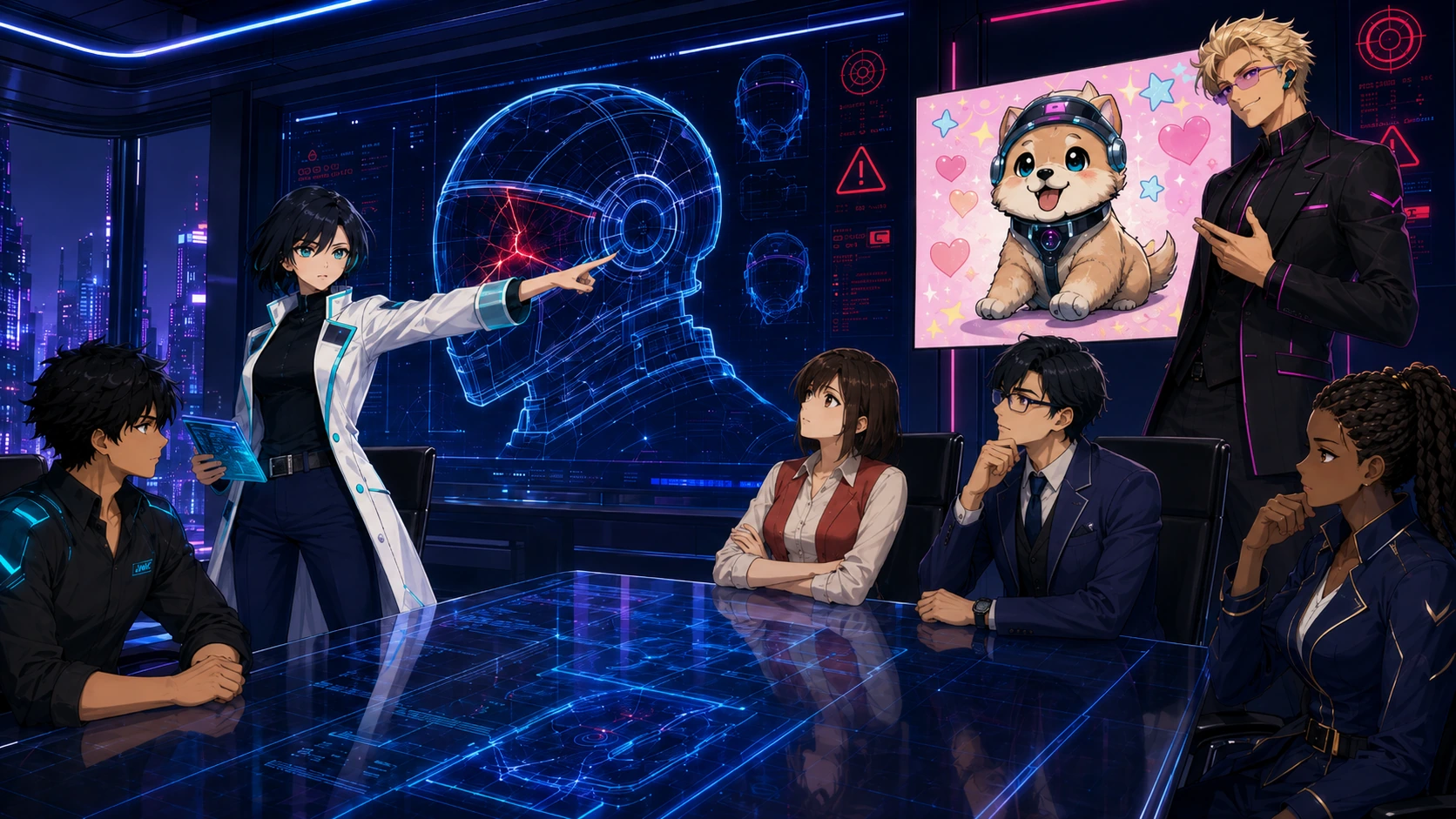 A futuristic safety review meeting where a scientist points to a cracked helmet display while a marketer presents a cute puppy campaign.