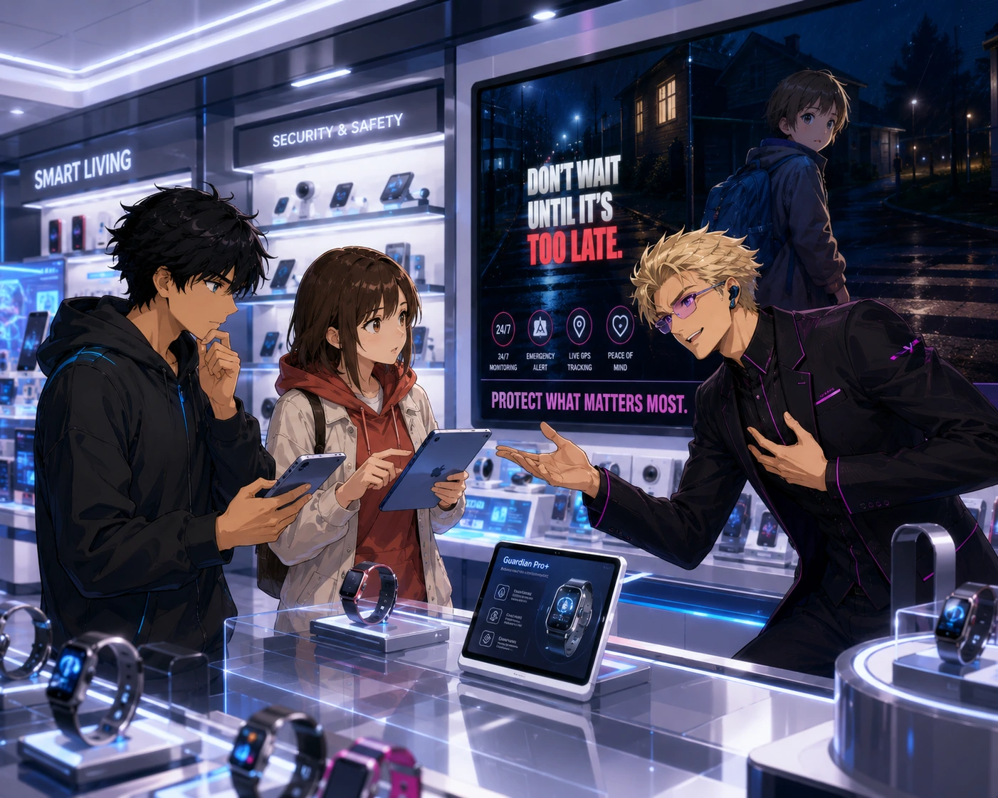 A tech-store salesperson uses a fear-based safety ad to sell a wearable device to two cautious shoppers.