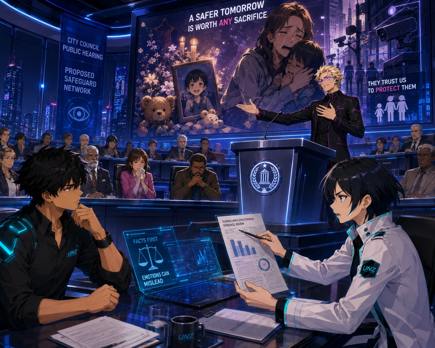 A futuristic city council hearing where a speaker uses emotional imagery to support a surveillance network while an analyst presents evidence.