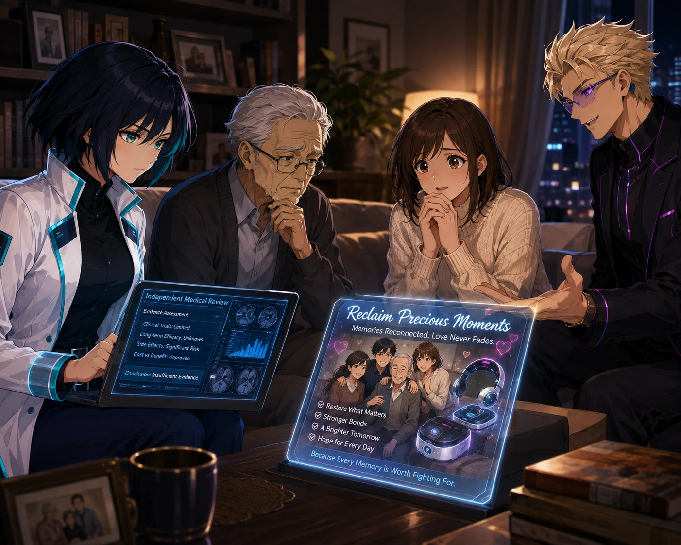 A family sits in a living room as a salesperson promotes an emotional memory device while a woman reviews an independent medical assessment.