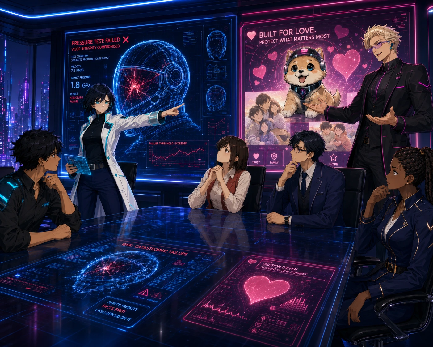 A scientist presents a failed visor pressure test in a neon boardroom while a marketer points to an emotional puppy campaign.