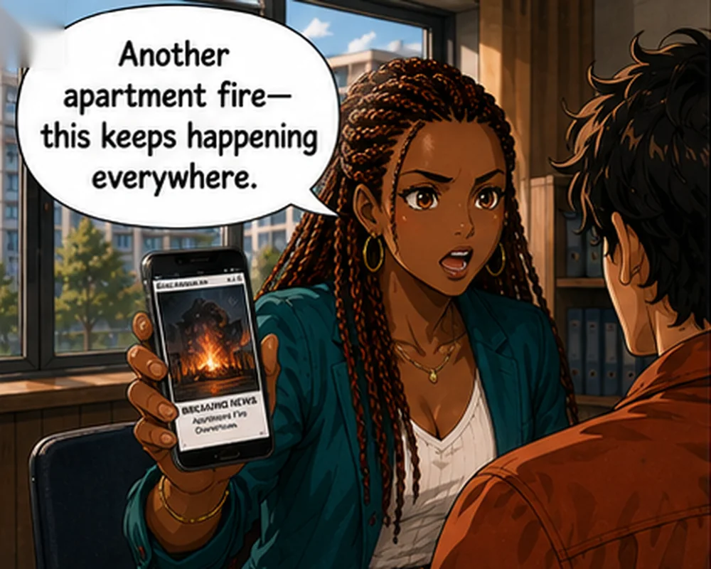 Showing a fire story on her phone, the woman says, “Another apartment fire—this keeps happening everywhere.”