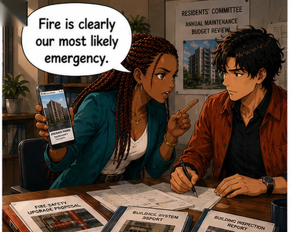 The woman points toward her colleague and says, “Fire is clearly our most likely emergency.”