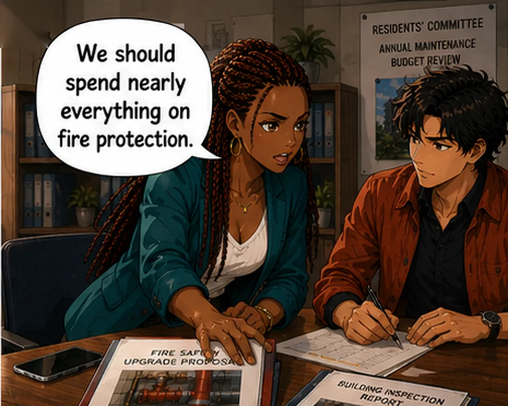 Reaching for the fire-safety proposal, the woman says, “We should spend nearly everything on fire protection.”