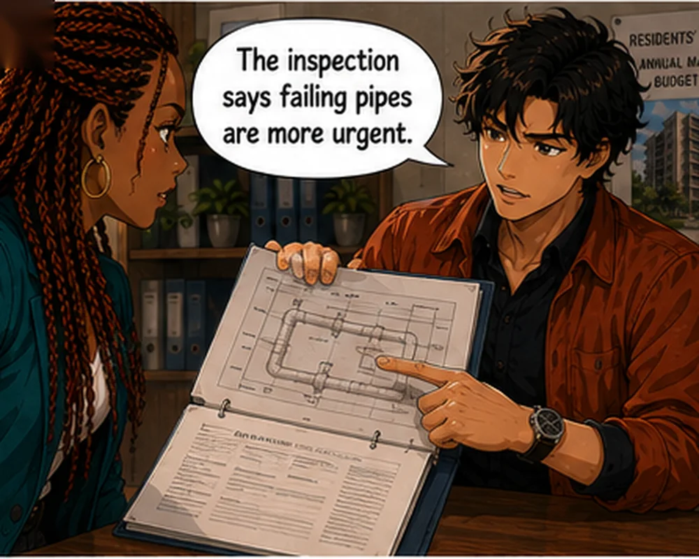 The man opens an inspection report and says, “The inspection says failing pipes are more urgent.”