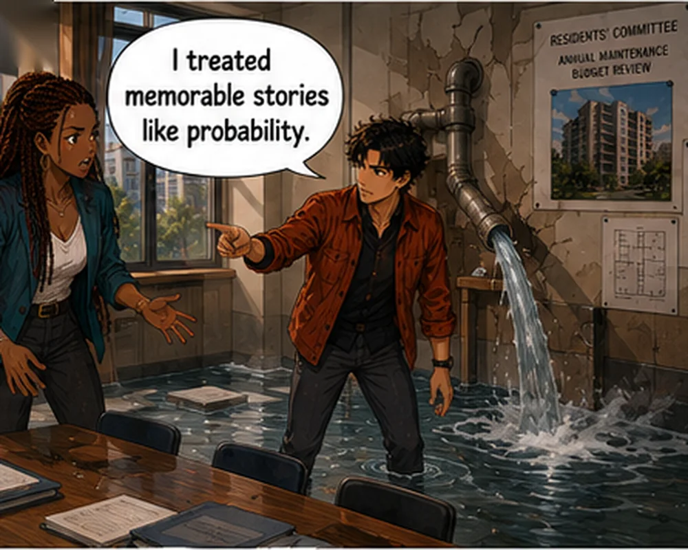 Standing in water from a failed pipe, the man says, “I treated memorable stories like probability.”