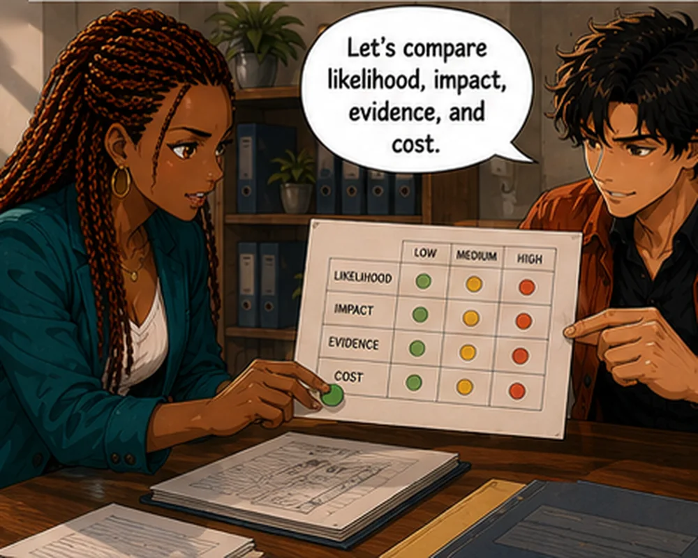 The pair review a comparison chart as the man says, “Let’s compare likelihood, impact, evidence, and cost.”