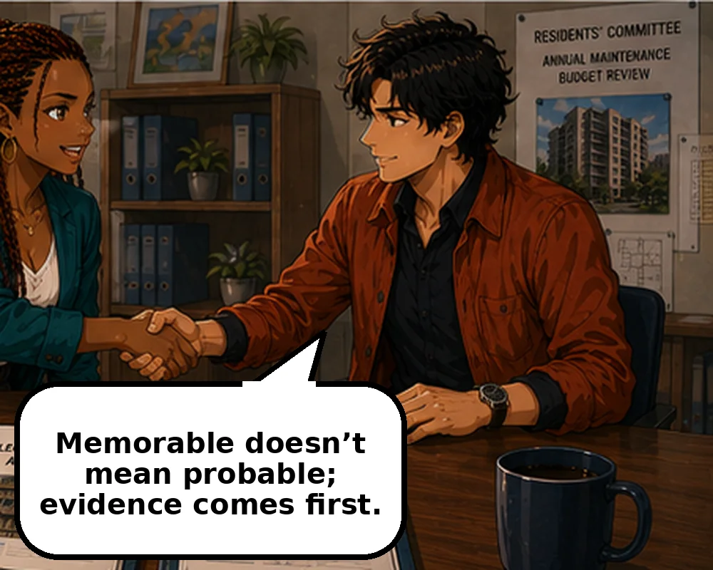 After agreeing on the evidence, the pair shake hands beside the message, “Memorable doesn’t mean probable; evidence comes first.”