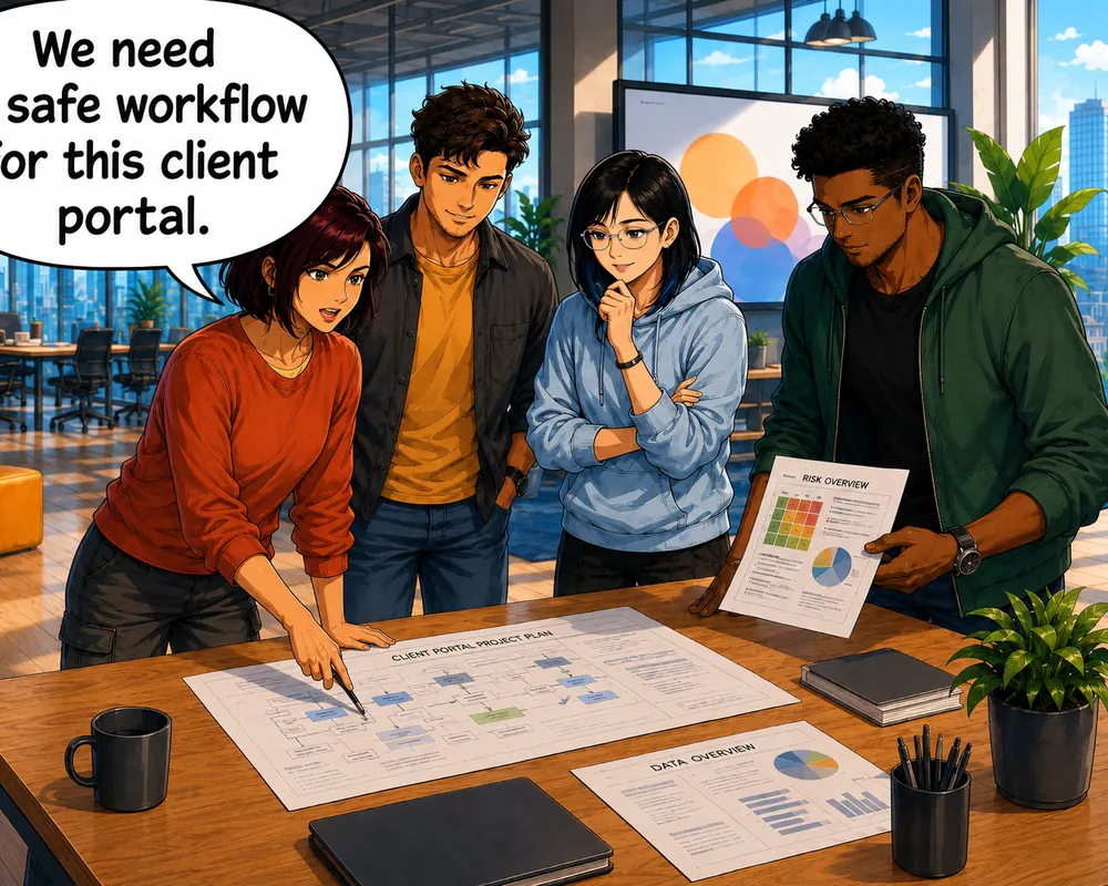 Four colleagues begin planning a safe workflow for a new client portal.
