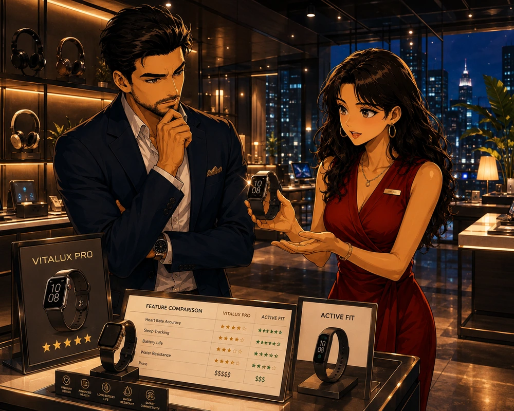 A shopper and a sales associate compare premium and standard fitness watches in a polished electronics store at night.