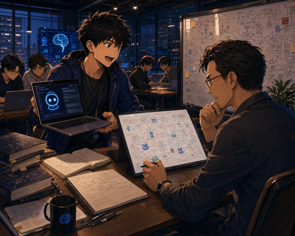 An enthusiastic student shows an AI study assistant on a laptop while a mentor compares it with a detailed learning plan in a nighttime study lab.