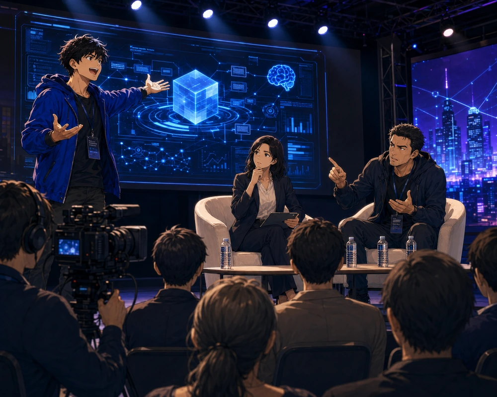 A confident speaker presents a futuristic technology system at a conference while panelists question the proposal in front of an audience.