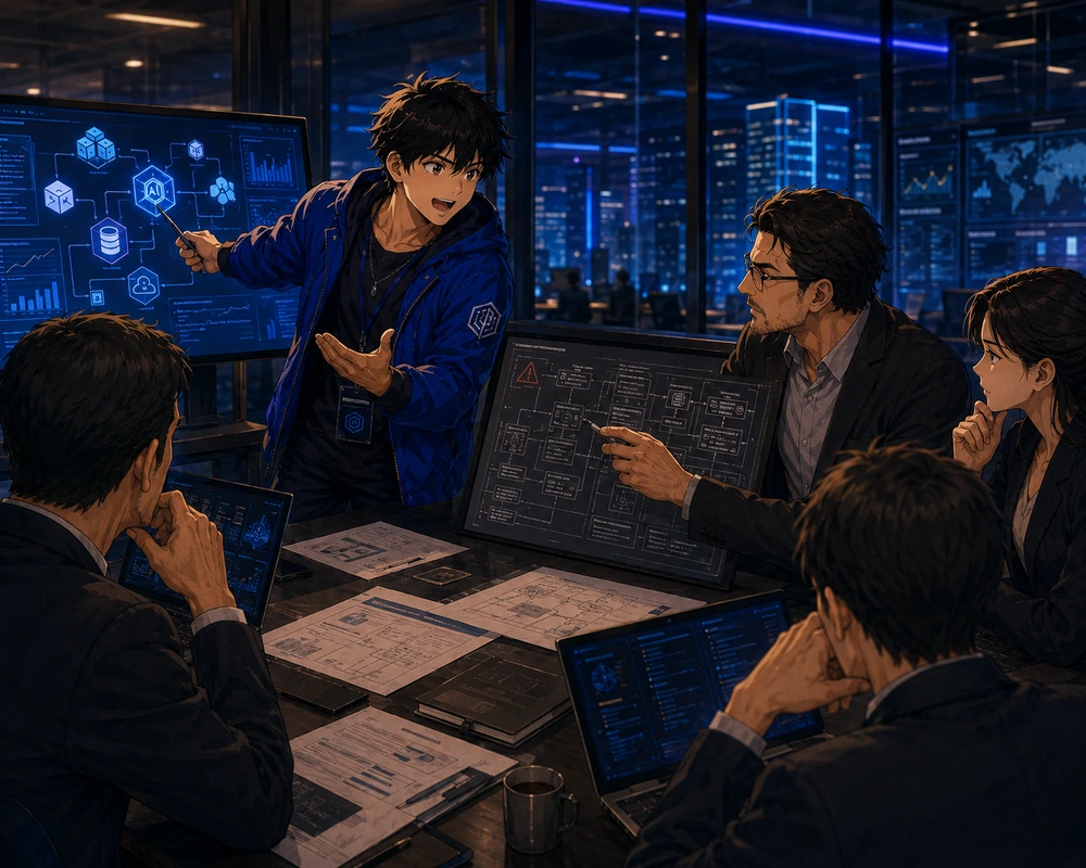 A young presenter enthusiastically shows an AI workflow while experienced colleagues compare it with a more complex system map in a night office.