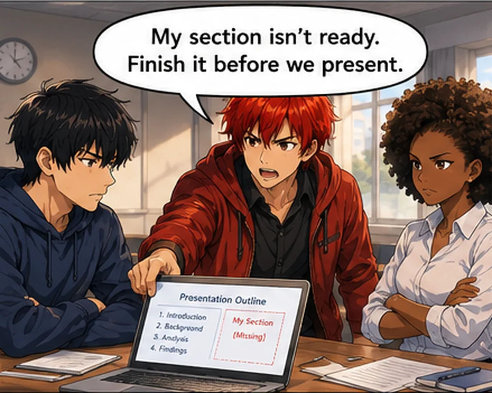 A teammate points to a presentation outline and says, “My section isn’t ready. Finish it before we present.”