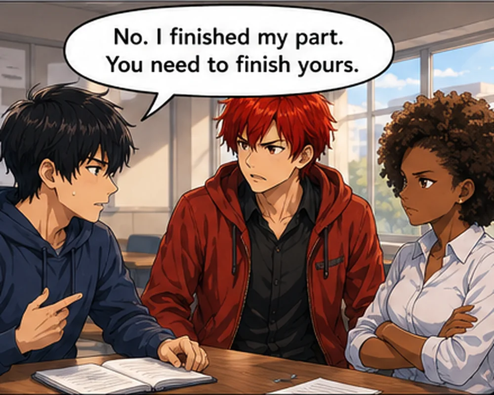 The teammate assigns the missing section to another student, who objects that it was never his task.