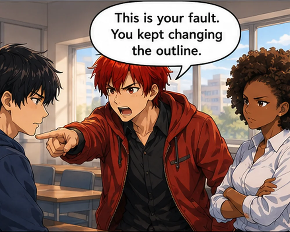 The student points to the outline while the teammate tries to make him responsible for the unfinished work.