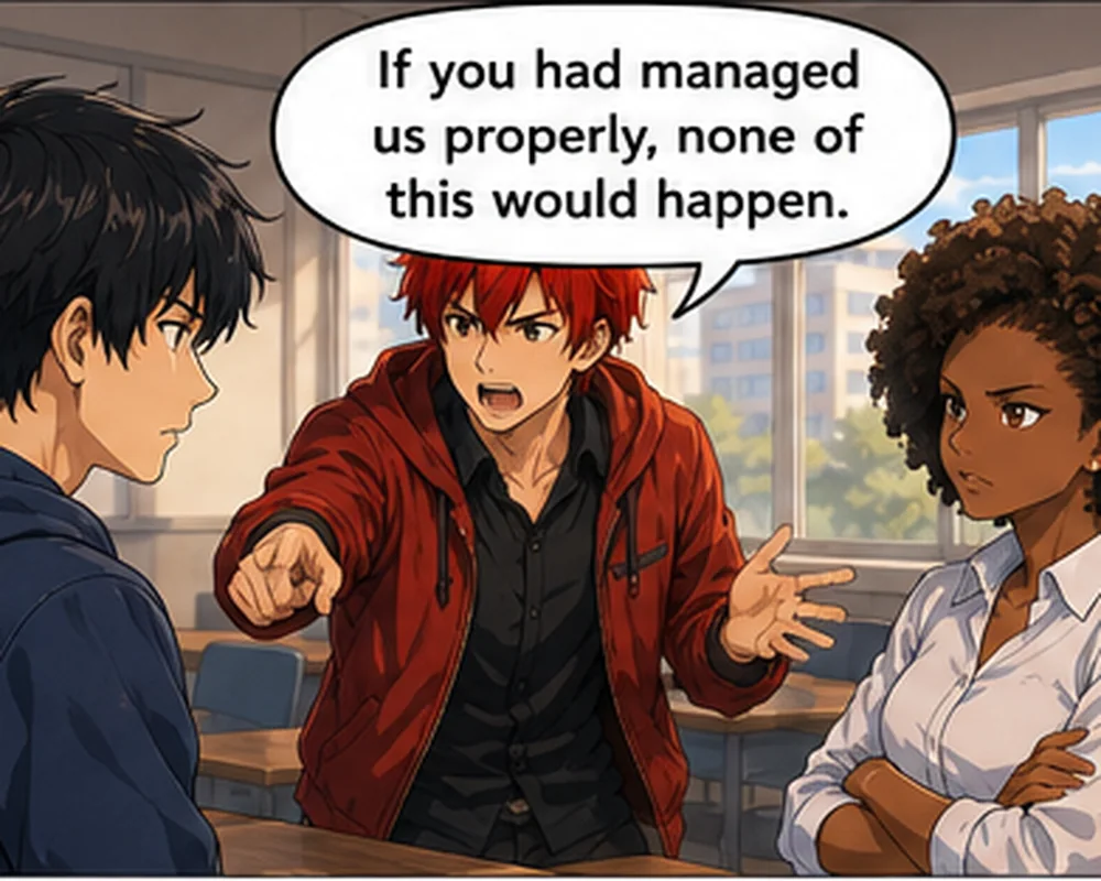 A third teammate watches as the red-haired student shifts blame for the missing presentation section.