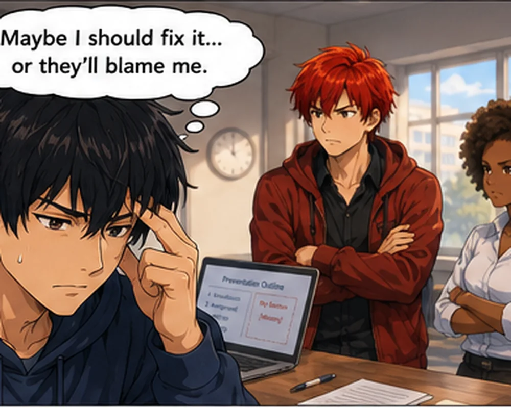 The student looks uncertain as he is pressured to accept responsibility for work he did not promise to do.