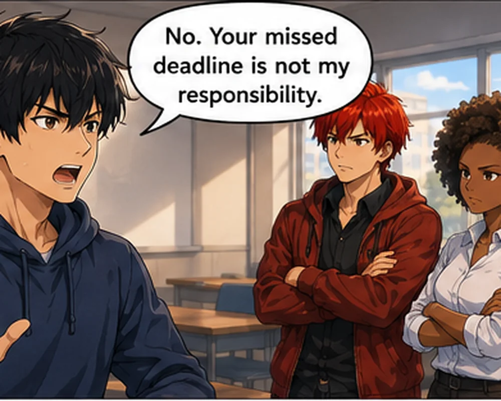 The student calmly refers back to the agreed presentation outline and refuses to take over the missing section.