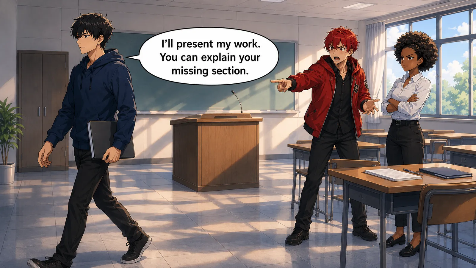At the presentation lectern, the student says, “I’ll present my work. You can explain your missing section.”