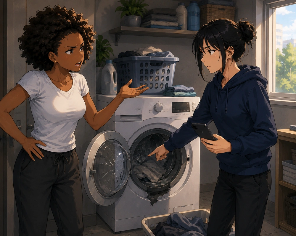 Blame Shifting — Rae finds the shared washing machine damaged after her roommate used it against the instructions.